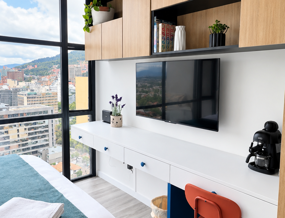 Espacio de trabajo con televisor y repisas - Apartaestudio 33DC